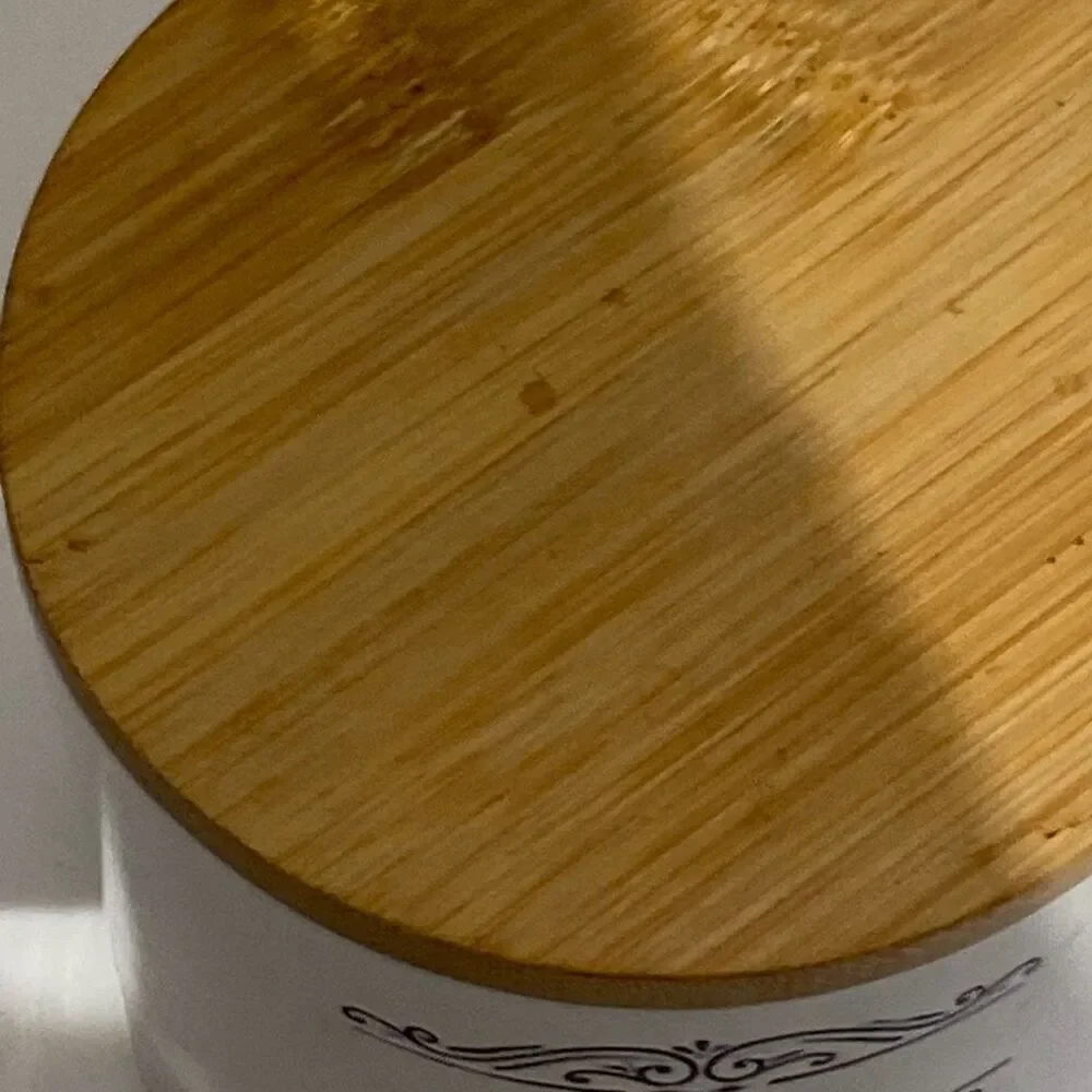 Pfaltzgraff Gray & White Tea‎ Canister with Wooden Bamboo Lid Kitchen Storage